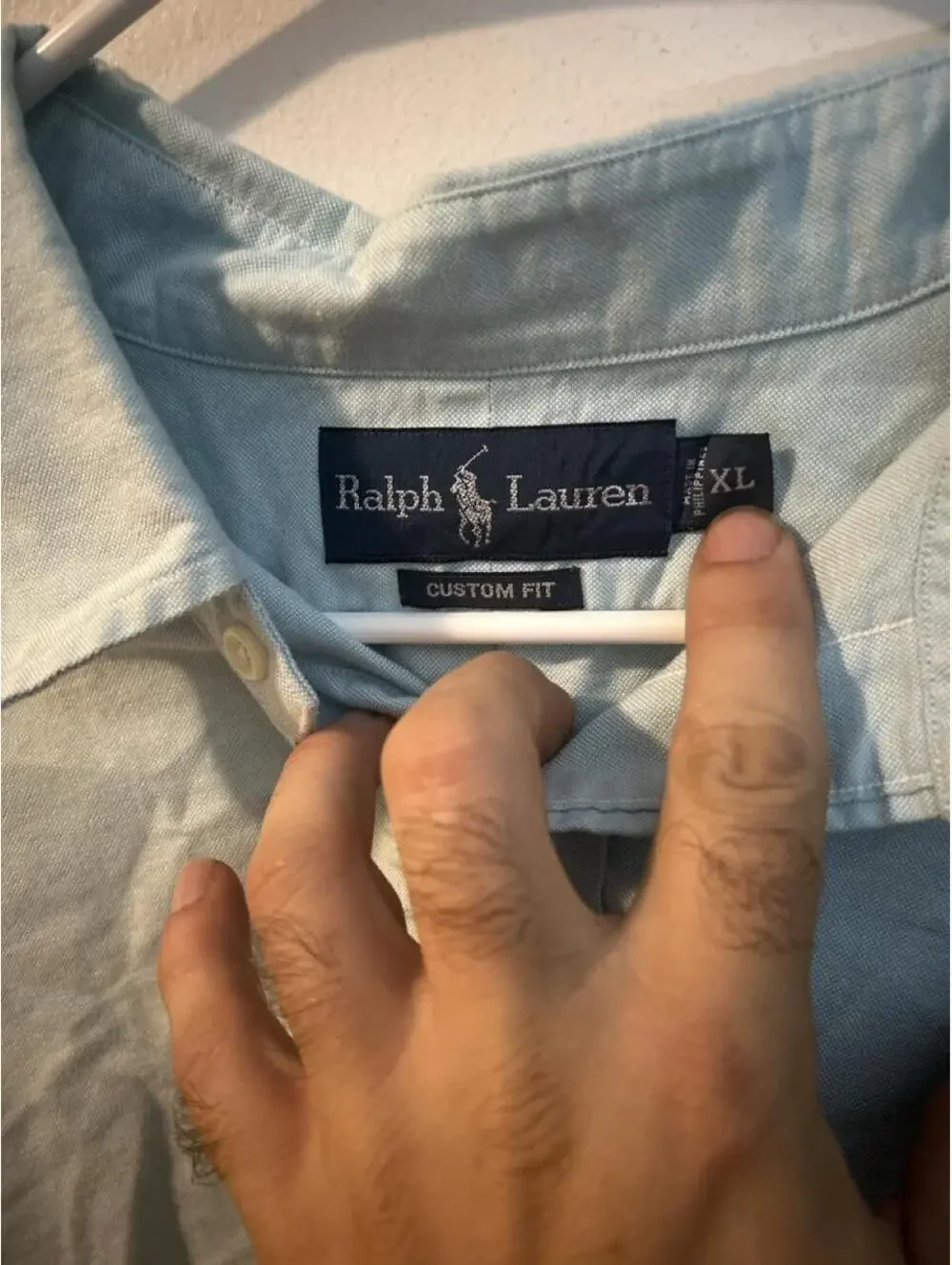 Ralph Lauren blue long sleeve polo w/ multicolor pony logo, custom fit, size XL.